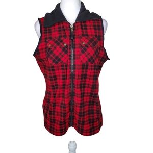 Chaps Women's Flannel Buffalo Plaid Vest, Full Zip, Red and Black Plaid, Size M